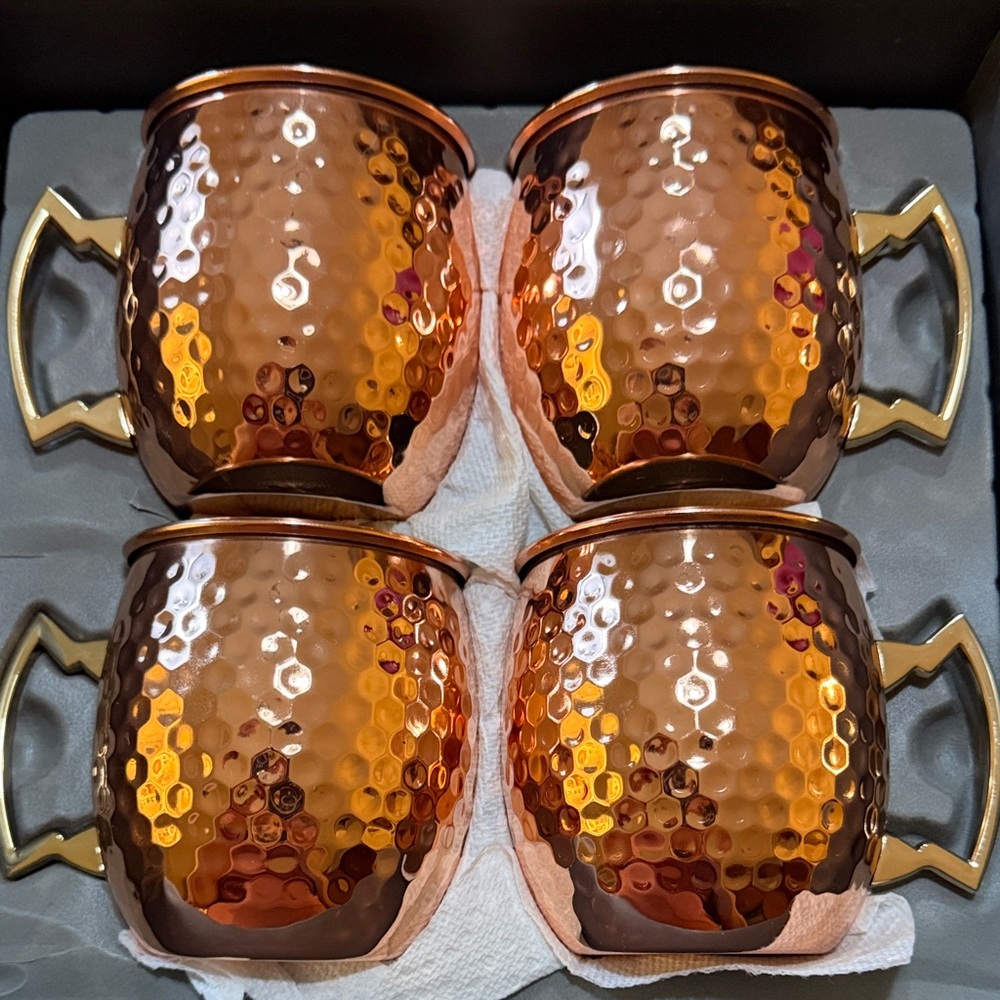 Hammered Copper Moscow Mule Mugs with Gold Handles - Set of 8